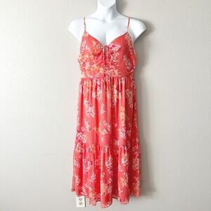LOFT Coral Floral Clip Dot Blouson Tie Front Midi Summer Dress Women's Size 14